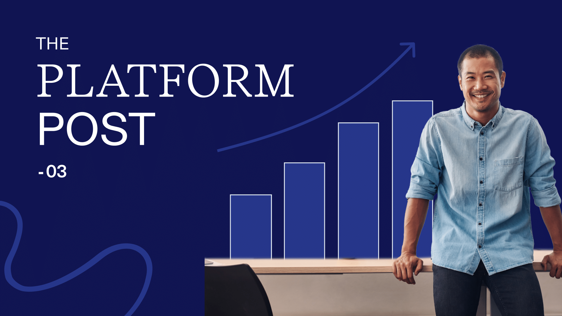 person smiling with a graphic of a bar chart and up arrow behind them